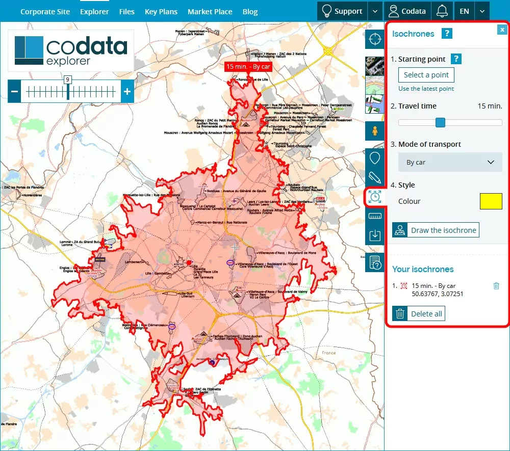 Carte codata Explorer, fonctionnalité d'analyse. Estimez la qualité des emplacements commerciaux qui vous intéressent