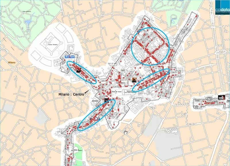 milan, commerces et emplacements commerciaux, plan du centre ville