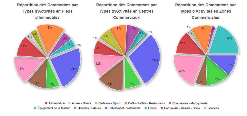 répartition des commerces par types d'activités et types d'emplacement