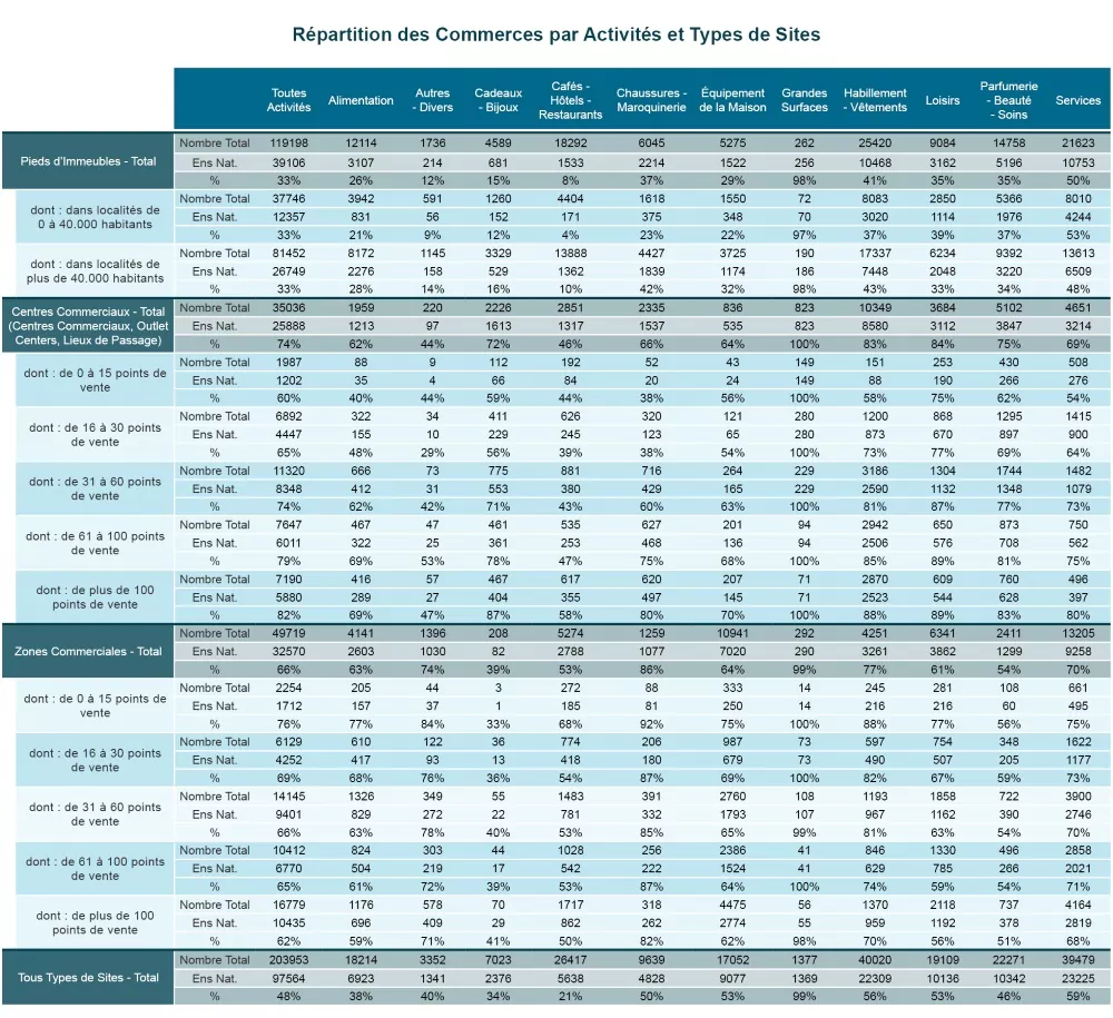 répartition des commerces par activités commerciales et types d'emplacement