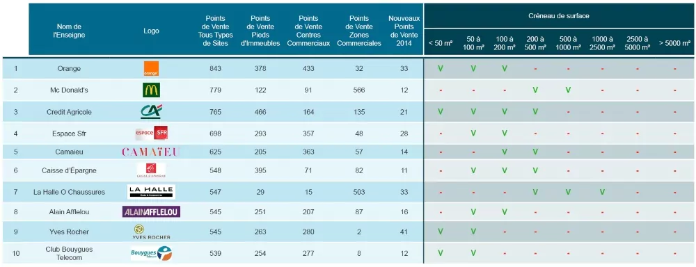 les enseignes leaders en 2014 par surface commerciale