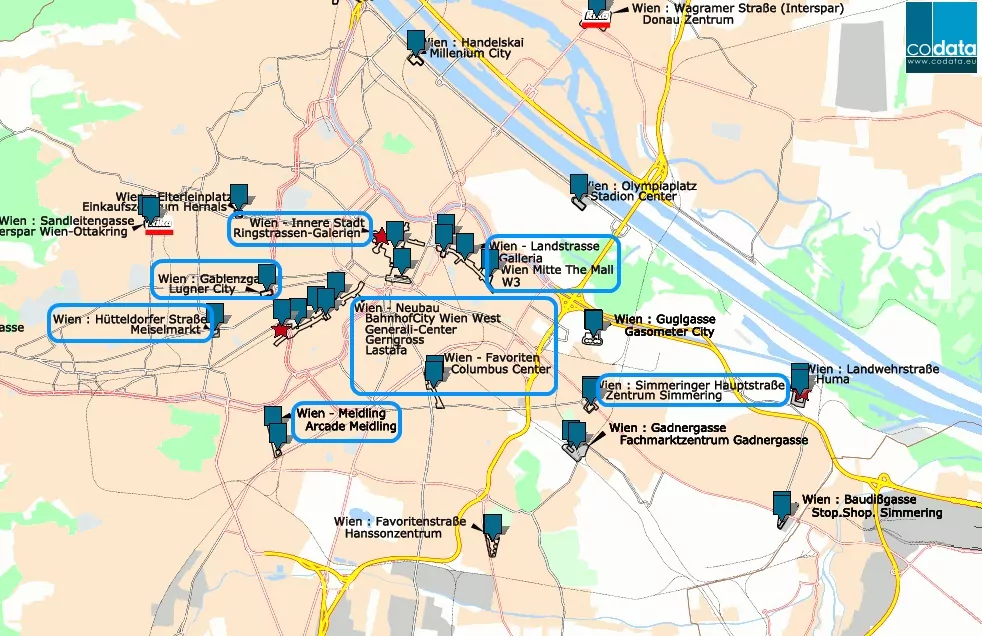 localisation des centres commerciaux à vienne